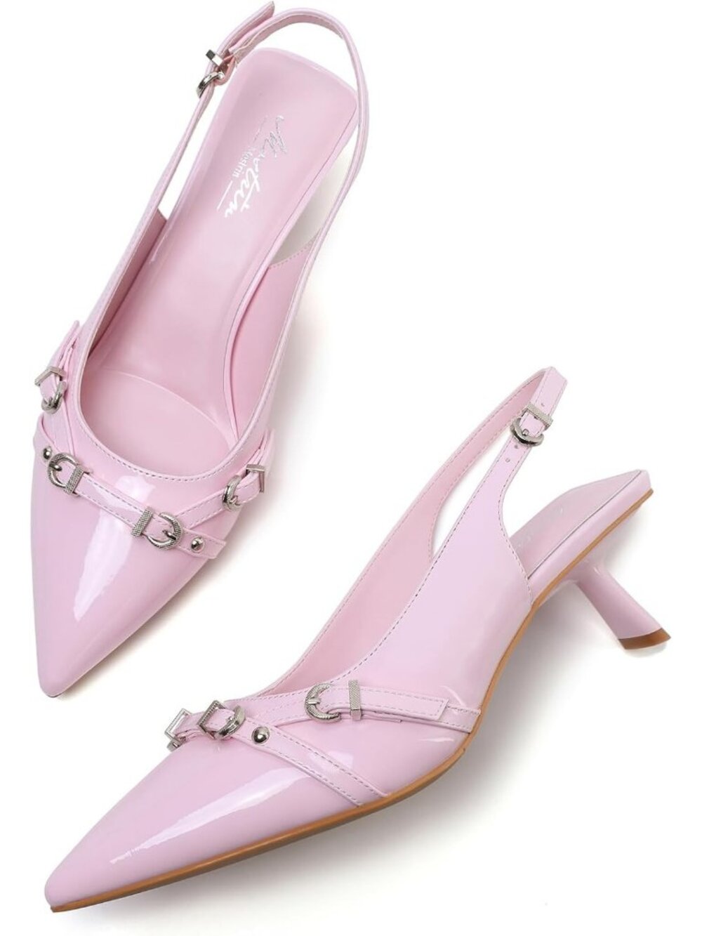 Women's Pink Patent Leather Kitten Heels Pointed Toe Pumps Party Dressy Shoes - Picture 4 of 5